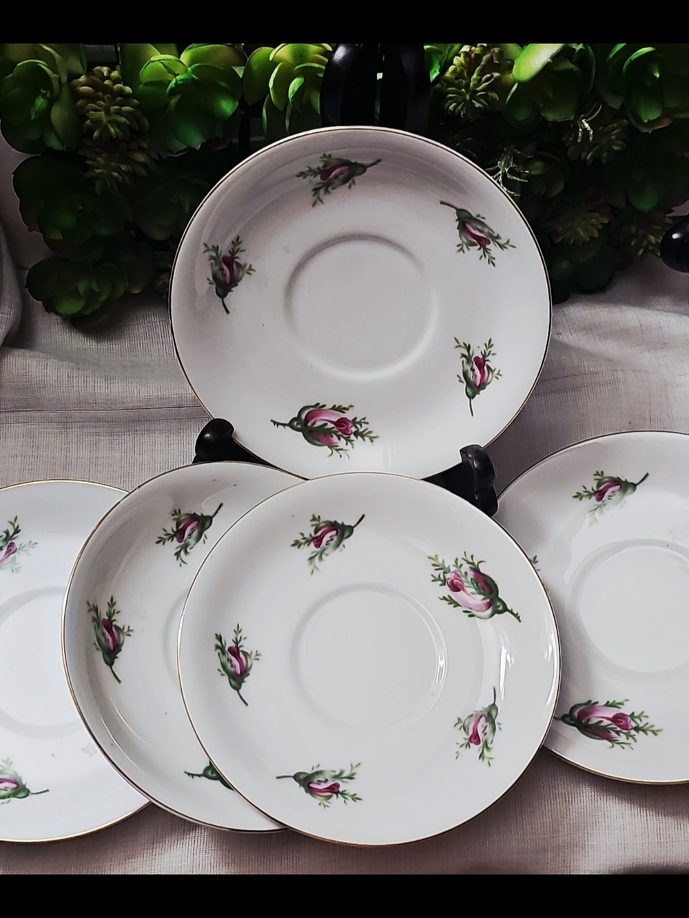 Meito Japan Set 5 White Saucer  with Pink Floral Shabby Chic Motif & Gold Trim